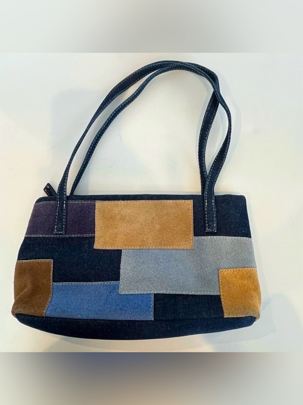Vintage Y2K Shoulder Bag Suede & Denim Patchwork Rare Bratz Blue Beige Zipper
